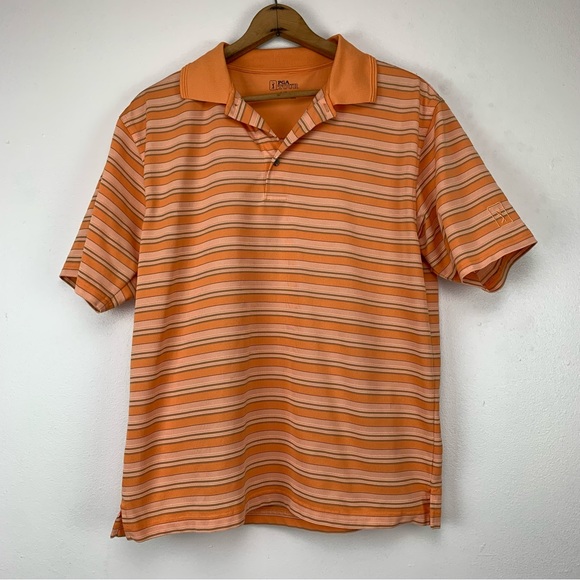 PGA Tour Shirt Men’s Large‎ Gold Polo Orange Striped Polyester Logo Embroidered - Picture 1 of 6
